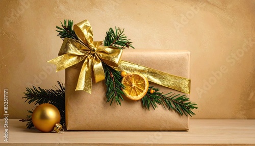 Festive Christmas gift box with golden ribbon and pine decorations.