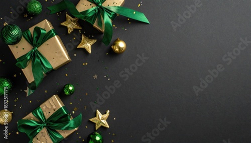Festive Gold and Green Christmas Gifts and Ornaments Flat Lay.