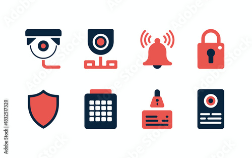 Security and surveillance system icons with cctv cameras, alarm bell, padlock, shield, keypad, and access control card for digital protection.
