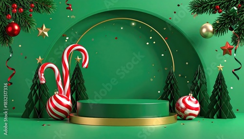 Festive green podium with candy canes ornaments and Christmas trees for holiday display.