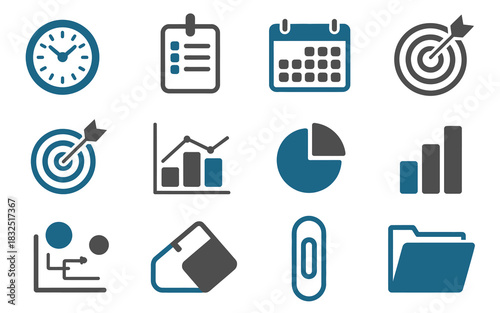 Essential business and productivity icon set illustrating time, tasks, schedule, goals, analytics, and organization