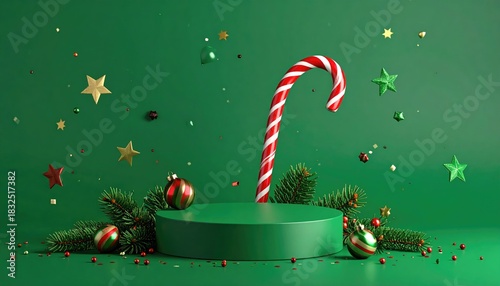 Festive Christmas holiday scene with green podium candy cane and ornaments.