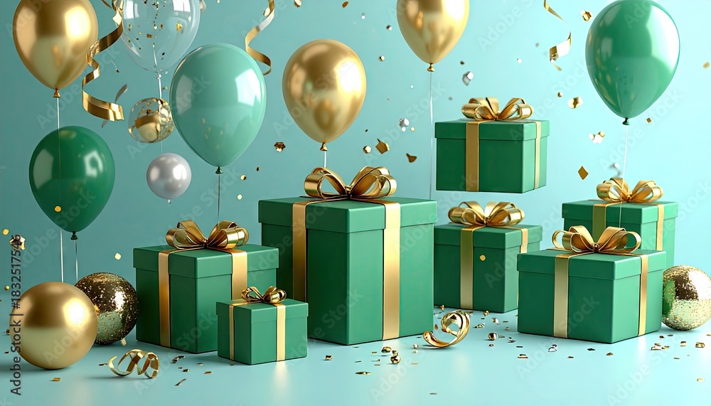 Obraz premium Elegant festive celebration with green gift boxes gold balloons and confetti.