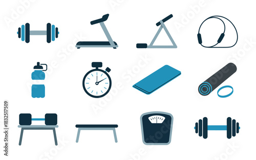 Fitness and gym equipment icons for health and wellness, featuring treadmill, dumbbells, yoga mat, scale, and stopwatch.