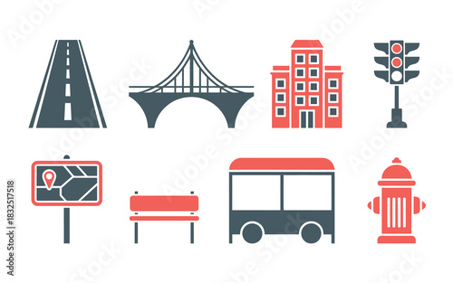 Urban city elements icon set with road, bridge, building, traffic light, map sign, bench, bus, and fire hydrant.