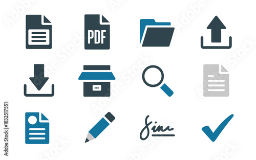Essential digital document and file management icon set for business. workflow, storage, edit, search, and approval symbols.