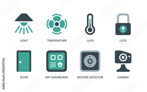 Smart home automation technology vector icon set featuring security, lighting, climate control, and digital device management symbols.
