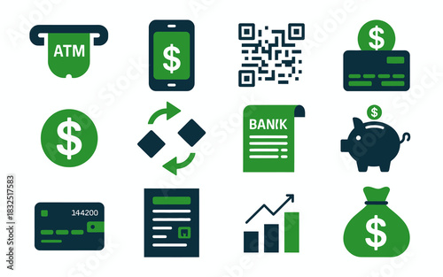 Modern digital banking and financial services icon collection, featuring atm, mobile, qr, credit, exchange, and growth.