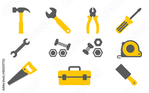 Versatile flat design icon set of essential yellow and gray tools for construction, repair, and diy projects.