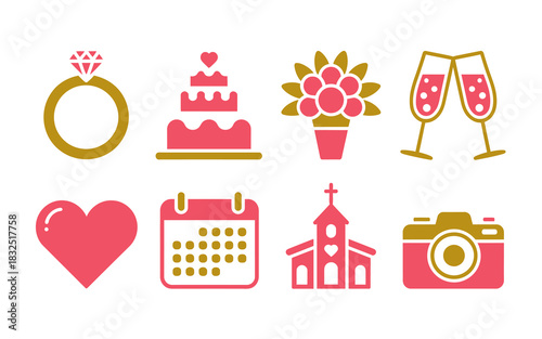 Wedding and celebration icon set featuring engagement ring, cake, flowers, champagne, heart, calendar, church, camera