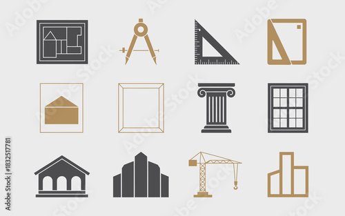 Architectural design, construction tools, building elements, and urban planning icons collection, illustrating engineering concepts.
