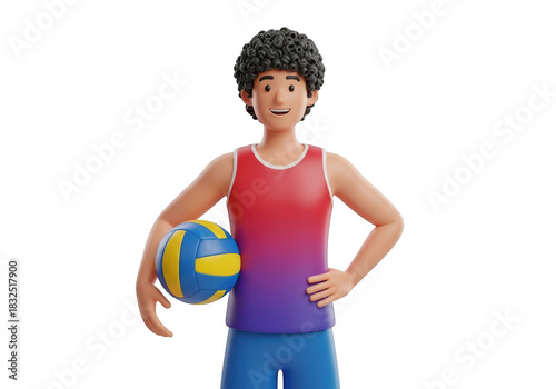 3d cartoon character athlete with curly hair holding a volleyball, isolated isolated on transparent background