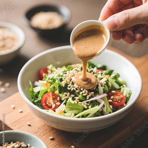 4k high quality Ai generative HD photo realistic menu selling eat food healthy breakfast diet vegetarian green Japanese salad vegetables bowl closeup  sesame seeds mayonnaise dressing sauce pour