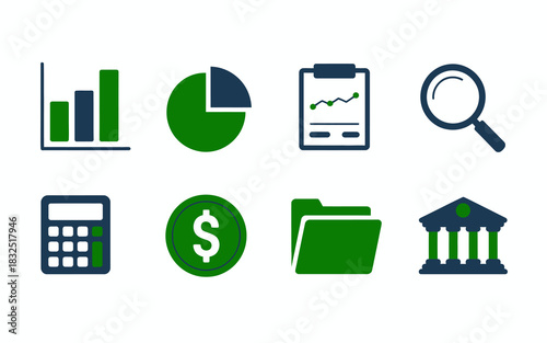 Financial and business data analysis tools and economic management icon set in blue and green for contemporary designs.