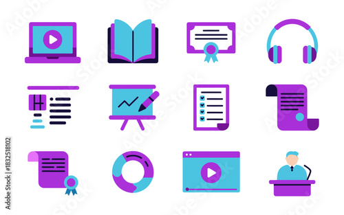 E-learning, online education, business presentation, and knowledge icons set for digital courses and remote study concept.