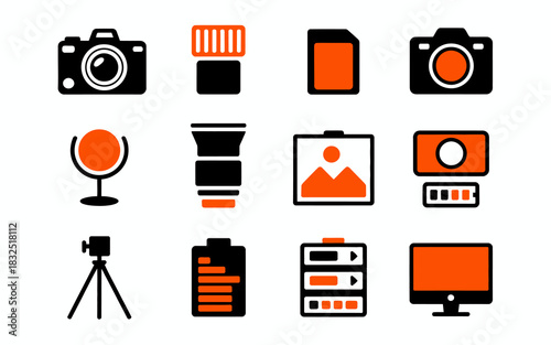 Photography and videography equipment icons set featuring camera, lens, tripod, memory card, and essential photo accessories