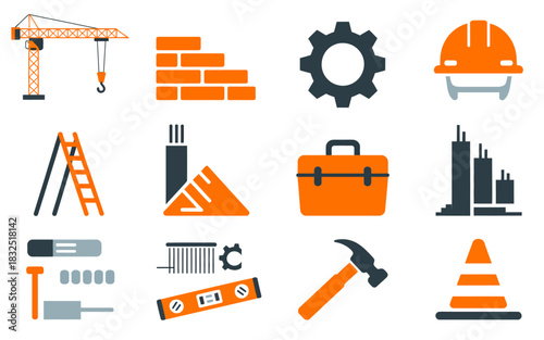 Construction and engineering icons set depicting essential building tools, equipment, and safety elements for projects.