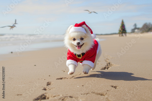 Happy dog in a santa outfit running on the beach in the sunlight.
