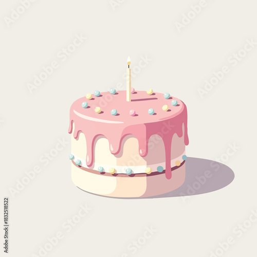 A delightful illustration showcases a birthday cake adorned with pink frosting, colorful sprinkles, and a single lit candle, perfect for celebrations.