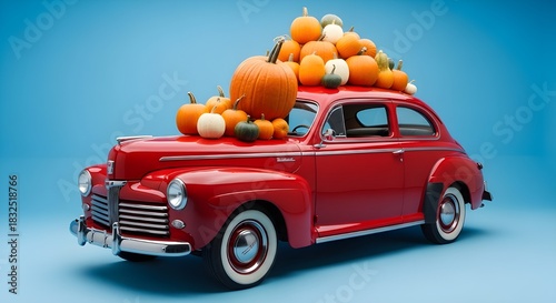 Classic Red Automobile Overflowing with an Abundance of Autumn Pumpkins, Capturing the Spirit of Fall Harvest and Seasonal Festivities Against a Vibrant Blue Background