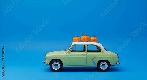 Autumn Road Trip A Vintage Car with Pumpkins on a Blue Background