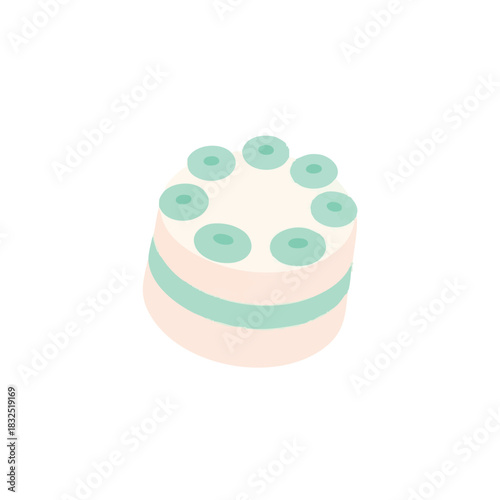 A delightful illustration showcases a charming, minimalist cake, featuring soft pastel colors and inviting design, perfect for celebrations and sweet moments.