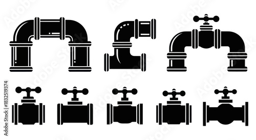 Set of black silhouette icons representing various industrial pipes, fittings, and valves.