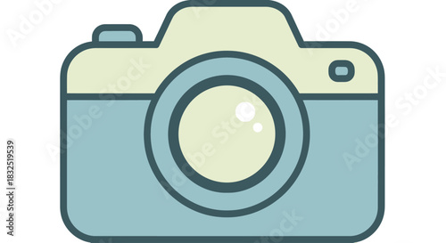 A minimalist flat design illustration of a vintage-style camera with a light blue body and cream top, featuring a dark lens.