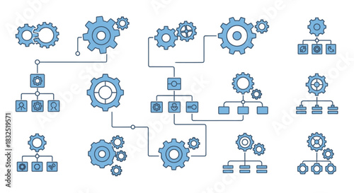 A collection of blue infographic icons showing business processes, workflows, and system integration with gears and organizational charts.