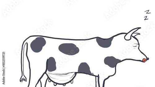 A cute cartoon cow sleeps standing up.