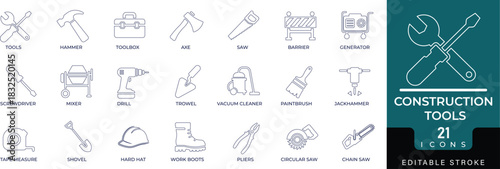 line construction tools icon set featuring hammer, wrench, hammer, screwdriver, paintbrush, generator, hard hat, drill, toolbox, gear, safety, helmet, and repair symbols. perfect for industry design.