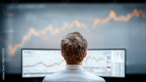 A focused individual analyzes financial data on multiple screens as market trends fluctuate, showcasing modern workspaces in finance.