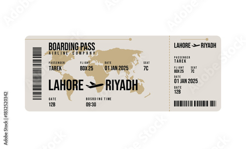 Beige boarding pass with barcode showing flight from Lahore to Riyadh detail