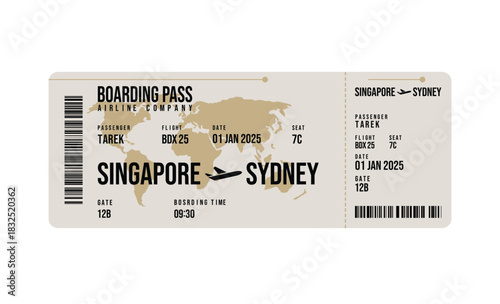 Beige Boarding Pass with Map, Airplane for Singapore Sydney Flight Design