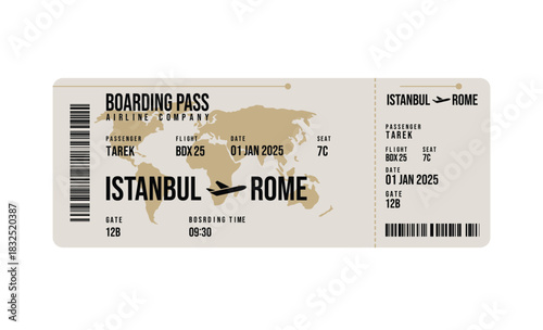 Boarding Pass Design, Istanbul to Rome Flight, Travel Ticket, Transportation
