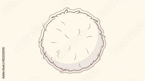 A fluffy white pom pom with a textured outline and simple curved lines inside set against a pale cream background