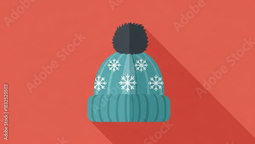 A flat design illustration of a teal knitted winter hat adorned with white snowflakes and a dark gray pompom on a warm red background