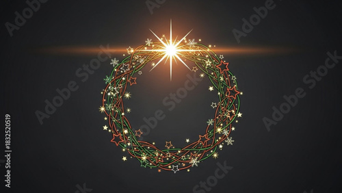 A festive christmas wreath adorned with twinkling stars and snowflakes illuminated by a bright star at the top set against a dark background
