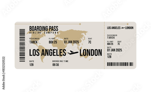 Detailed Beige Boarding Pass Ticket with a Plane Flying from Los Angeles to London