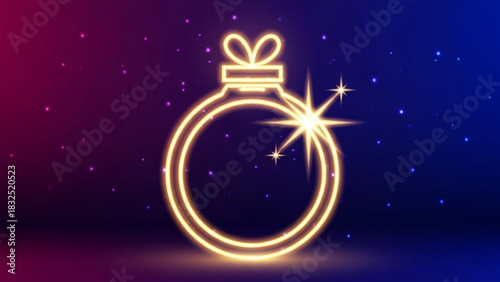 Golden neon christmas ornament with sparkling lights and starry background creates a festive holiday atmosphere