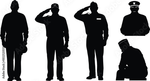 Military silhouette clipart, soldier salute icons, kneeling tribute, ceremonial poses, black vector design, patriotic respect, white background
