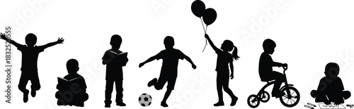 Children silhouette clipart, playful kids icons, reading, biking, balloon walking, soccer, drawing, black vector design, white background