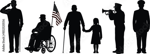 Veteran tribute silhouettes, patriotic icons, wheelchair flag bearer, bugler, child companion, military salute, black vector design, remembrance scene