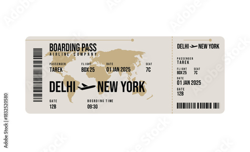 Isolated Boarding Pass for Delhi to New York with Passenger Information and World Map