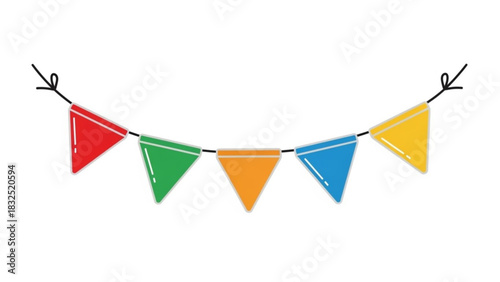 A festive string of colorful triangular bunting flags in red green orange blue and yellow perfect for celebrations and parties