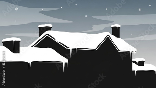A stylized illustration of snow covered rooftops with icicles hanging down against a cloudy wintry sky with falling snowflakes