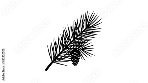 A detailed black silhouette of a pine branch with a single pinecone hanging from it against a pure white background