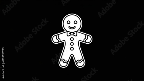 A simple stylized white outline of a gingerbread man with a bow tie and buttons on a black background