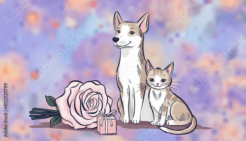 Firefly cat and dog sitting together beside rose bouquet and gift box, pastel romantic background, cute animal friendship, dreamy atmosphere, soft colors