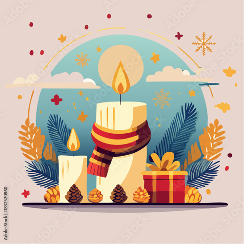 Illustrated festive arrangement of lit holiday candles, one with a cozy scarf, alongside a gift box and winter pine decorations